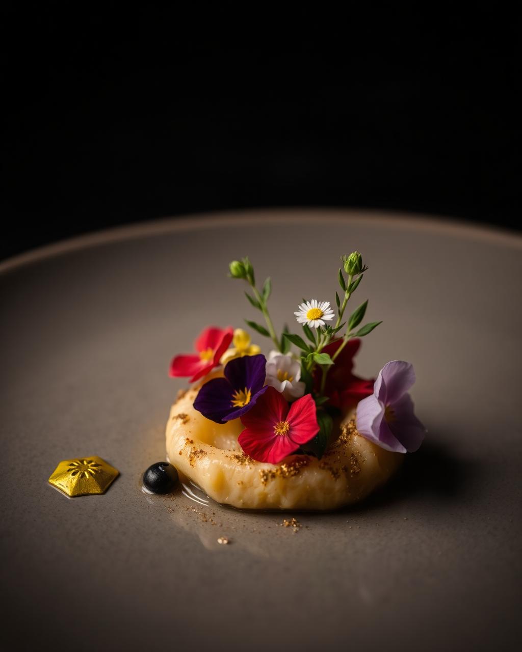 Prato gourmet com flores comestíveis e folha de ouro