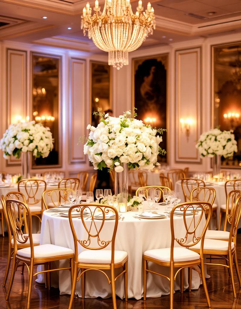 Recepção de casamento com flores brancas e cadeiras douradas